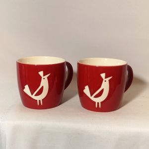 Set of Two Retired Starbucks New Bone China Coffee Tea Mugs, Red w Bird Design